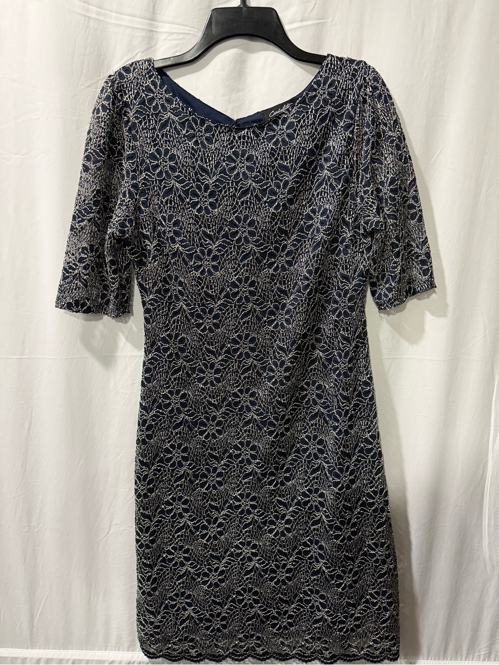 Navy Lace Sheath Dress with Floral Overlay